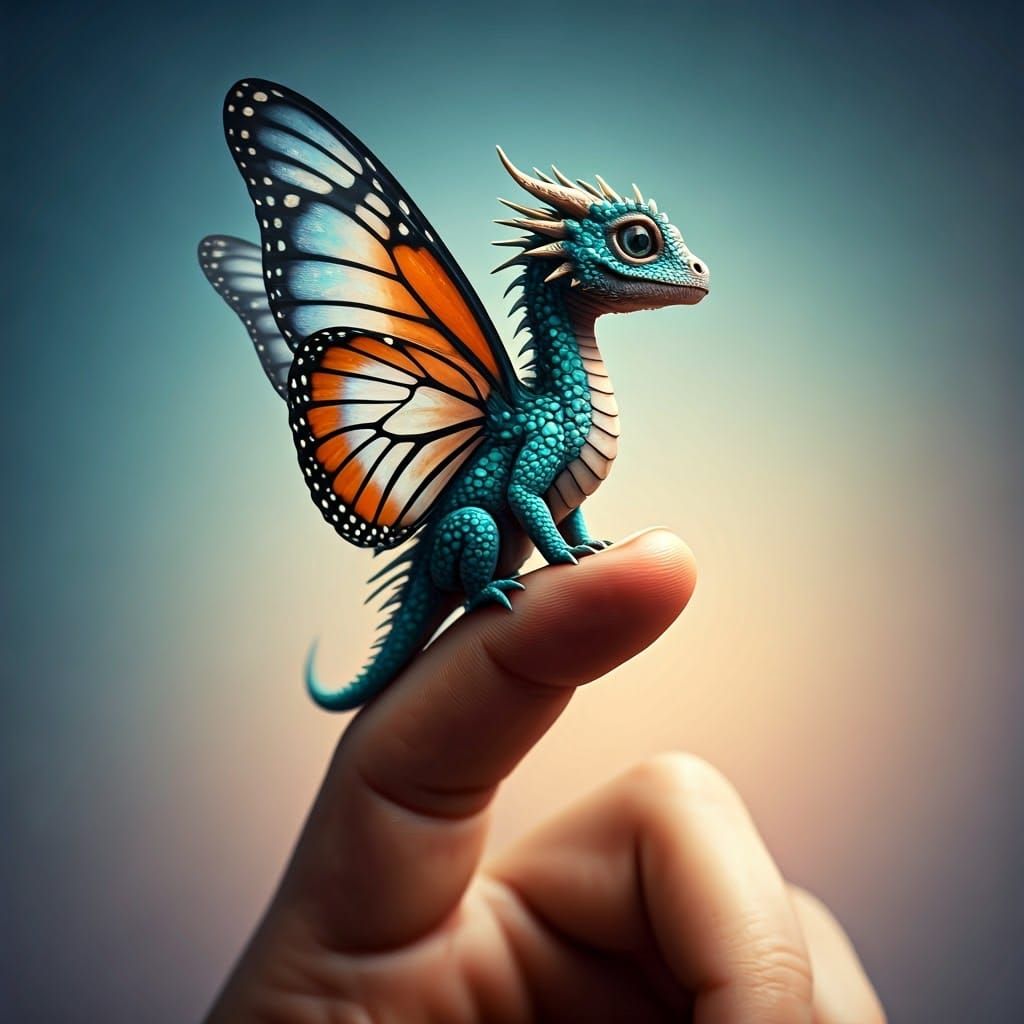 Iridescent Baby Dragon on a Finger as Digital Art