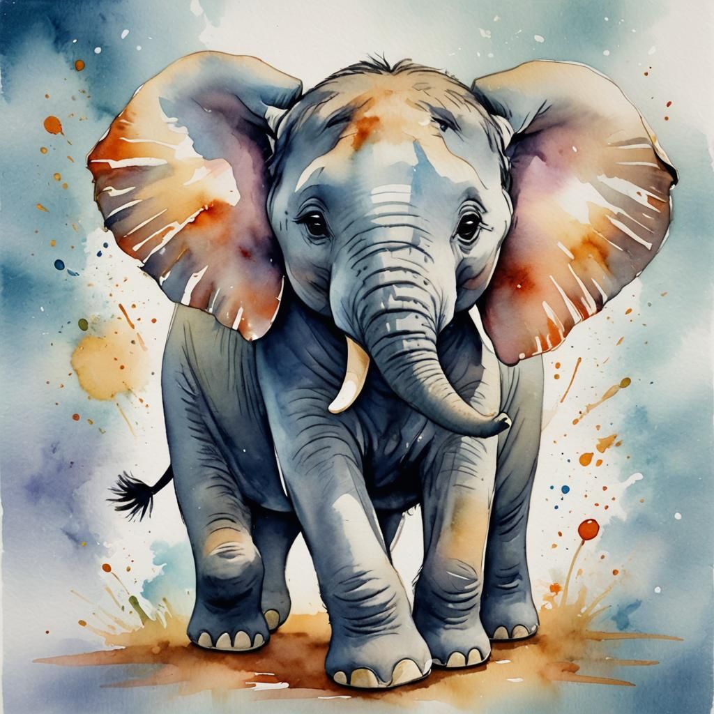 Cute Joyful Elephant Watercolor Nursery Art