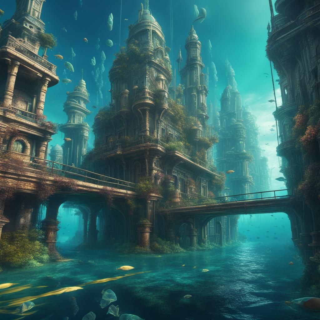 Detailed Underwater City in Two-Point Perspective