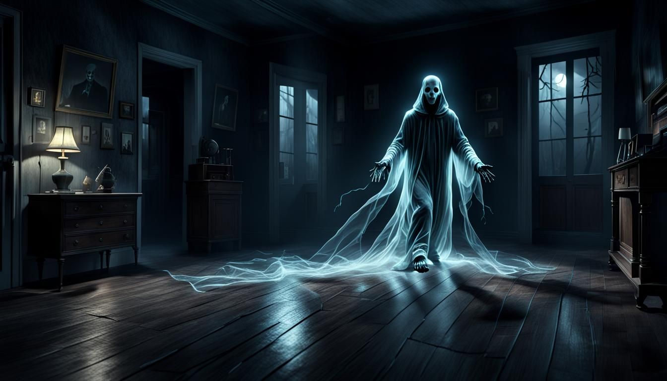 Realistic 3D Specter Gliding in Eerie Living Room