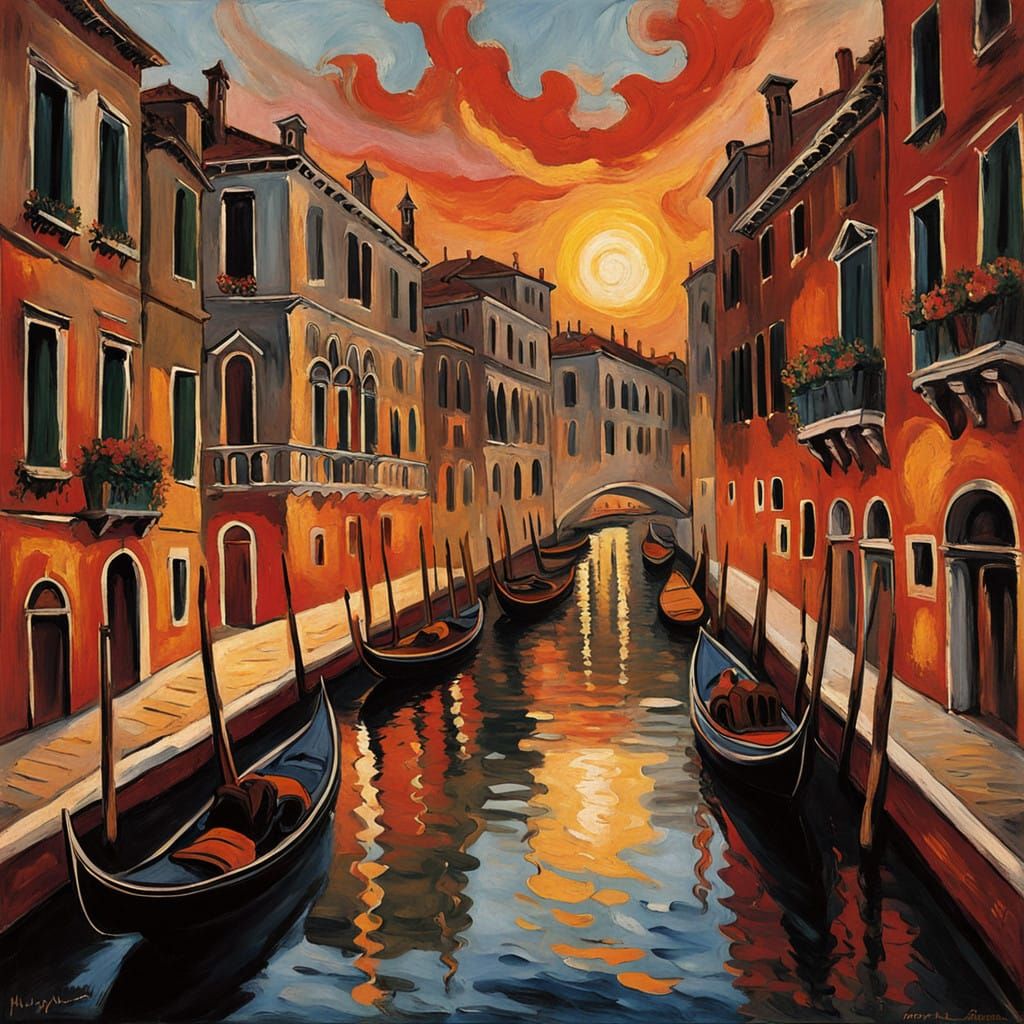Mystical Sunset Over Venice Canals in Impasto Oil Painting
