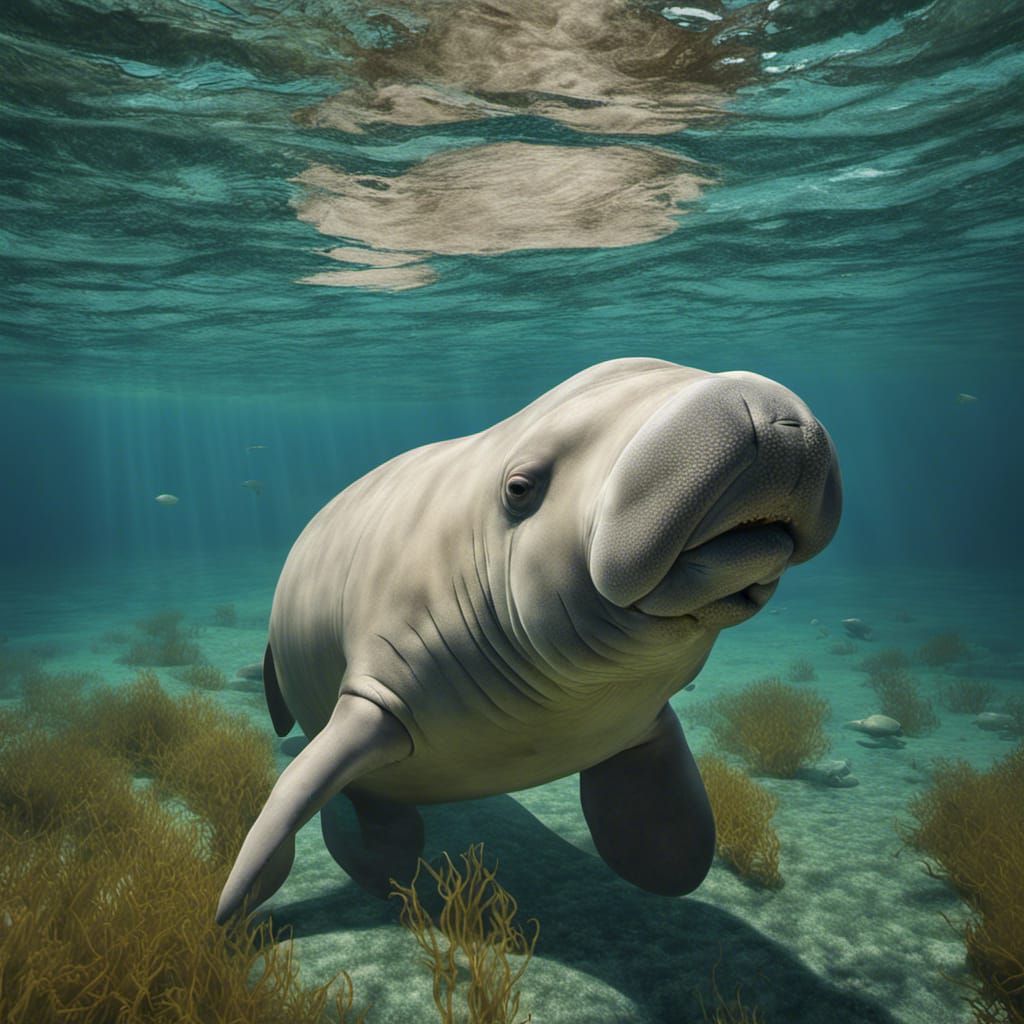 Dugong Feeding Underwater: Hyperrealistic Photorealism