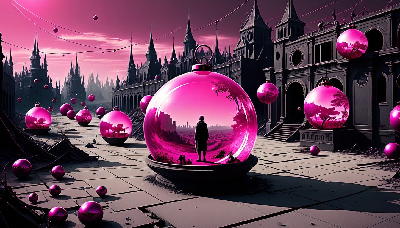 Surreal magical dystopia modern world, misery, dark, disengagement, pink baubles