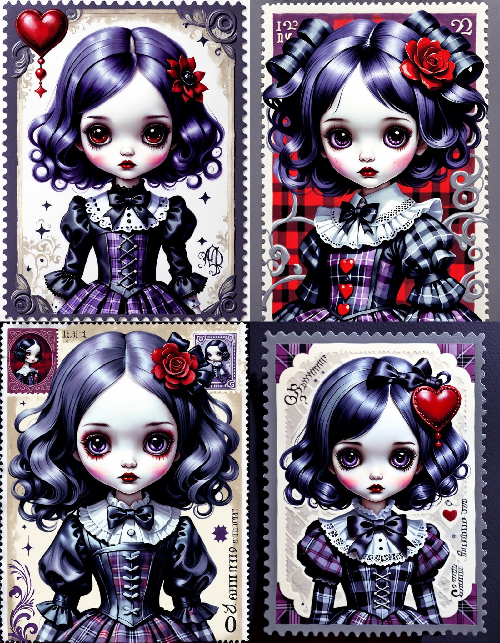 Gothic Doll Postage Stamp in Gouache Style