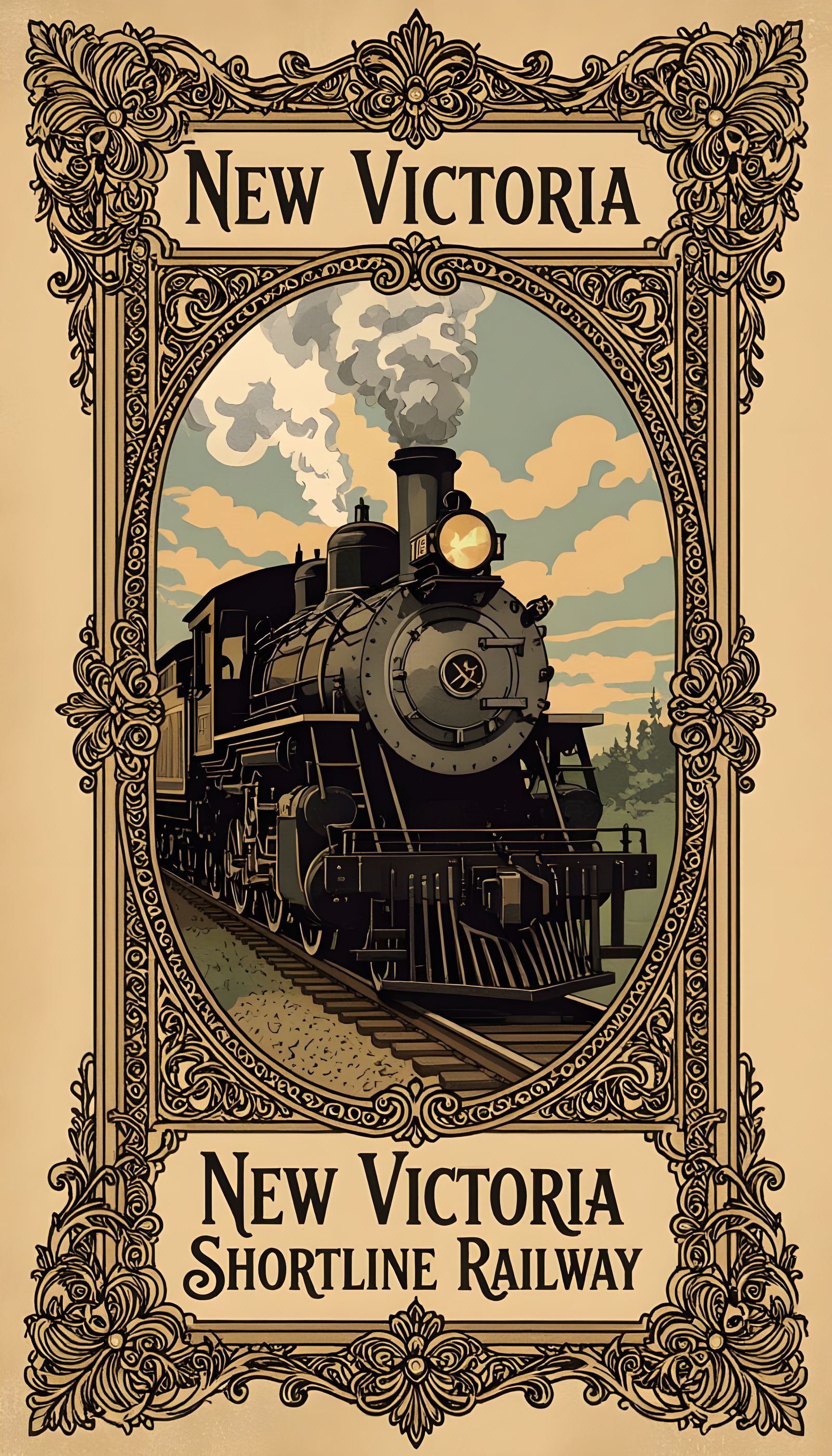 Create an ornate Victorian vertical banner, with a United States steam locomotive vignette in the very center, and the w...