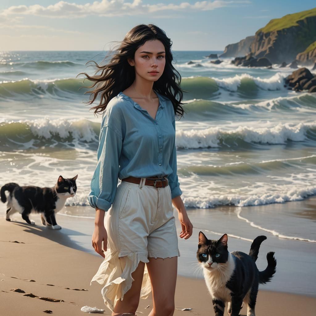 Cat-Faced Woman on Seashore in Digital Art