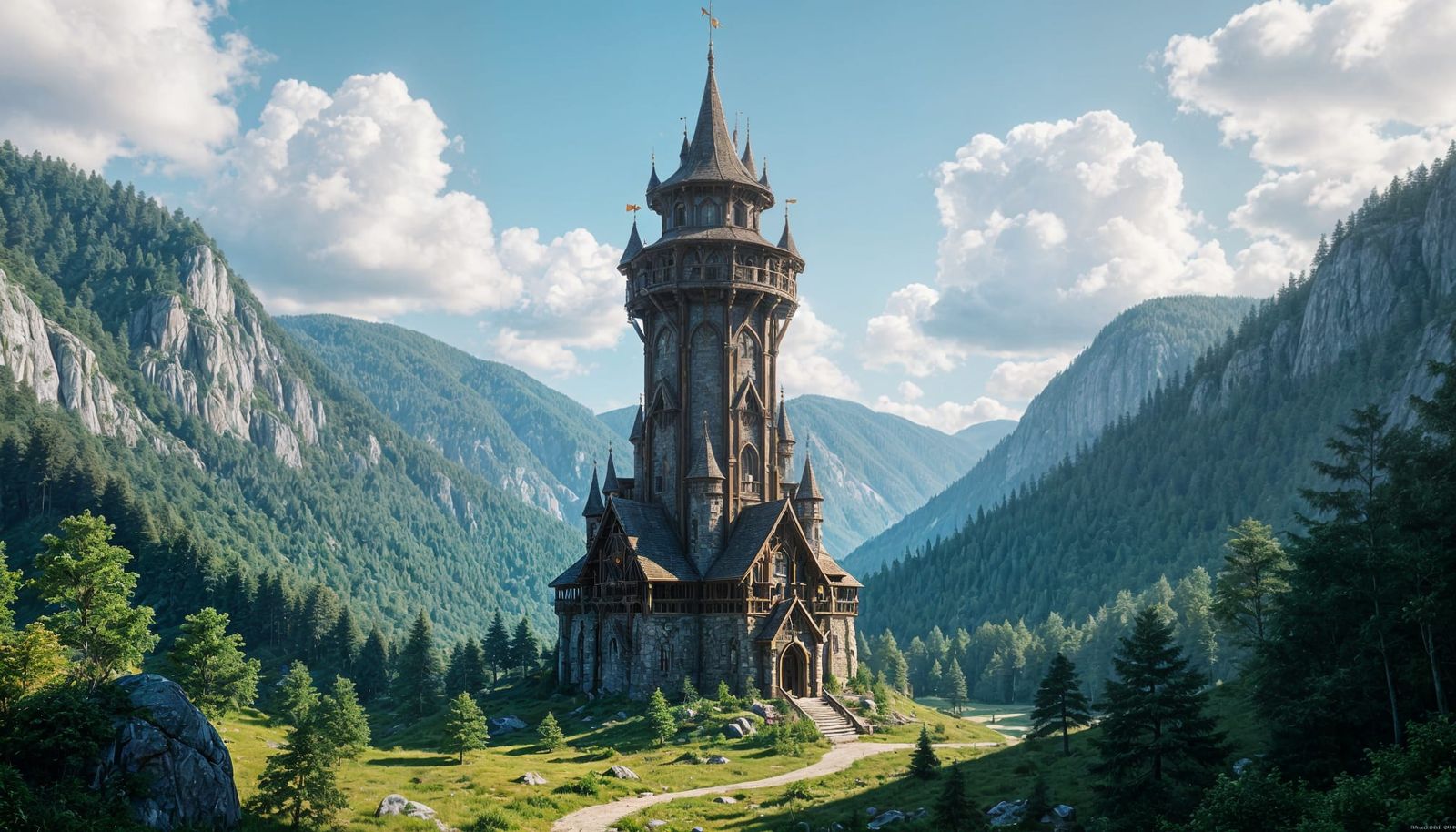 Intricate Fairy Tower in Wooded Valley: Fantasy Concept Art