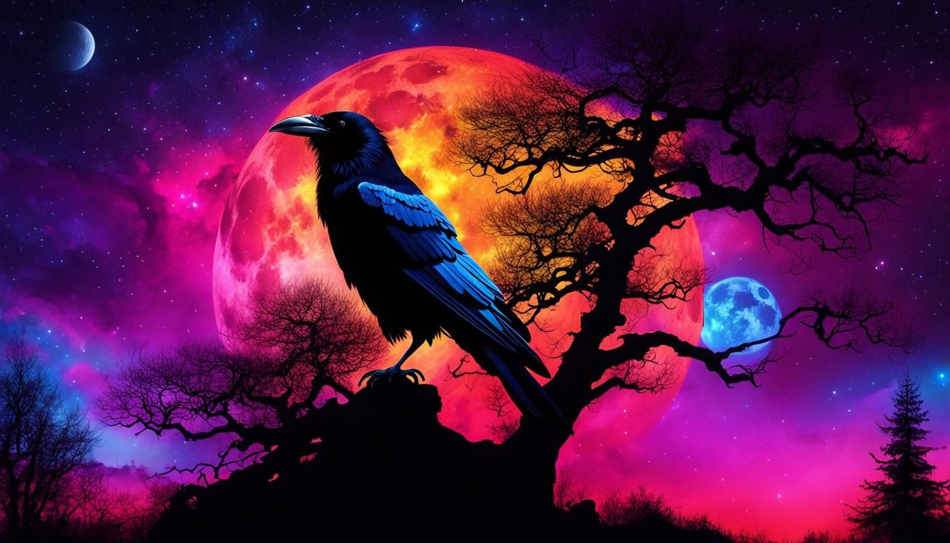 Raven Silhouette with Nebula, in Surreal Digital Art
