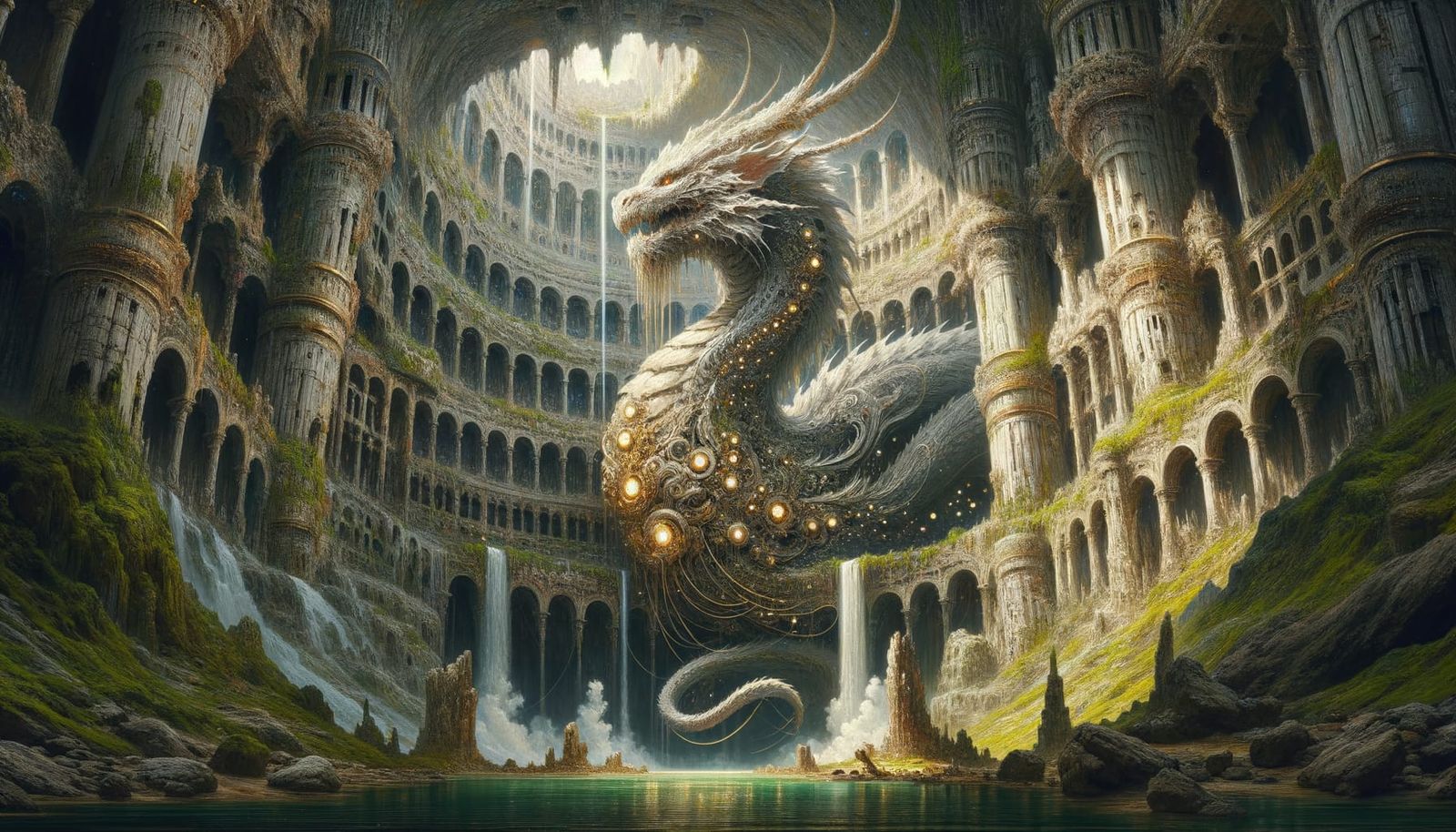 A close up of a beautiful, majestic black and white dragon adorned in gold and jewels guarding a massive treasure in a h...