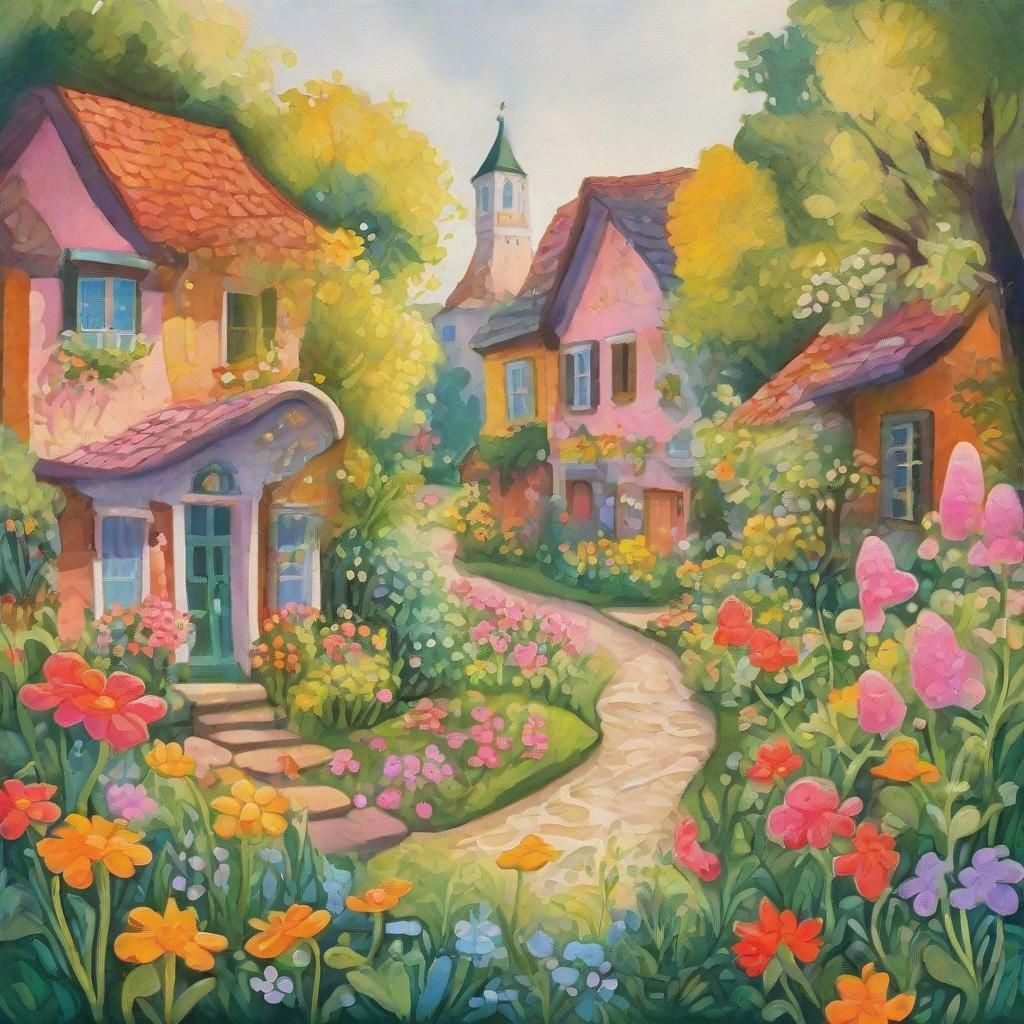 Enchanting Fairytale Town Gardens in Gouache Style
