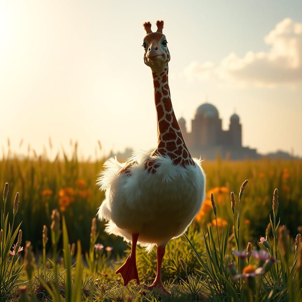 Vibrant Giraffe-Duck Hybrid Roams Sunny Field