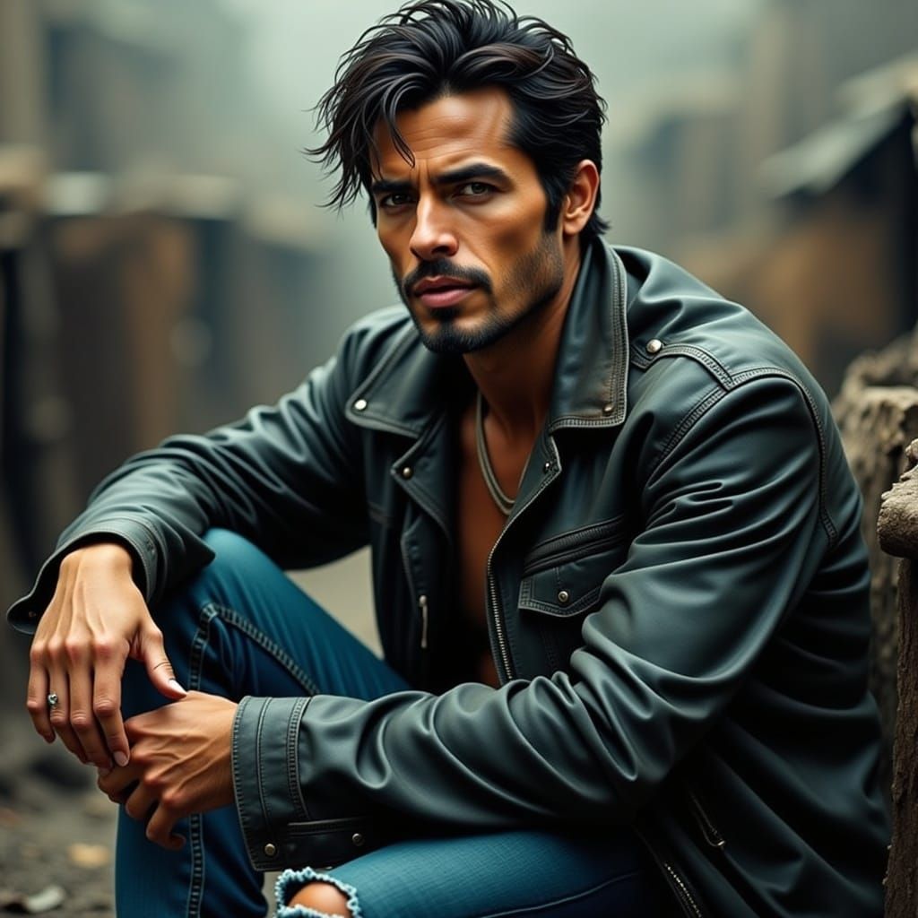 Handsome Man in Urban Setting with Film Noir Style