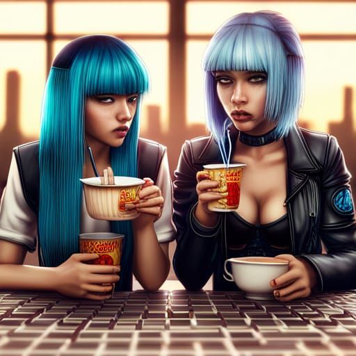 Blue-Haired Girls Eating Noodles in Cyberpunk World