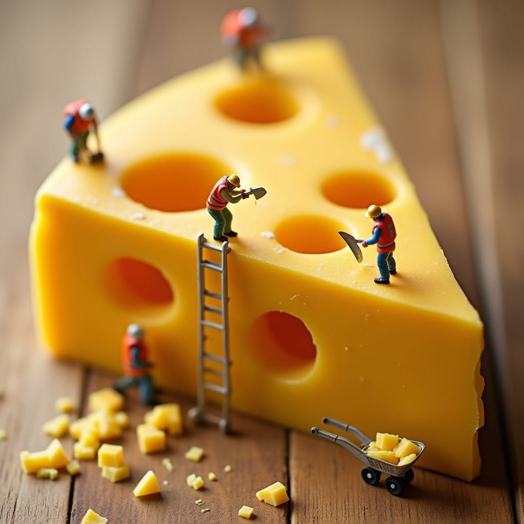 Miniature Workers Excavating Swiss Cheese: Macro Photography