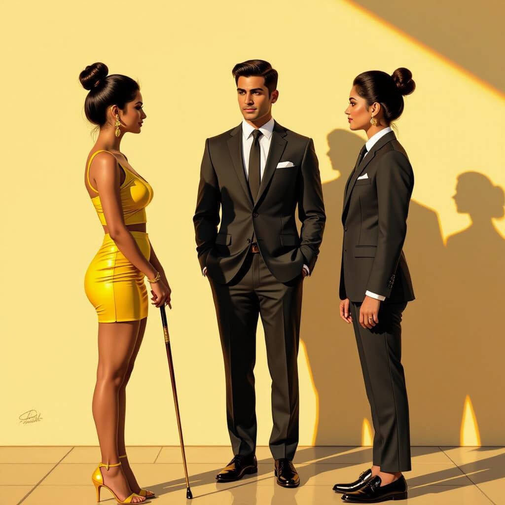 Indian Woman in Yellow Miniskirt with Cane
