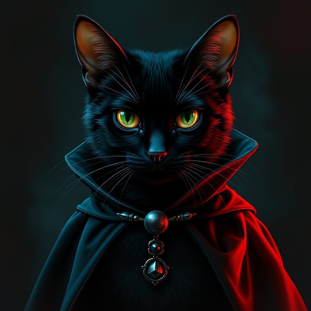 Mysterious Black Cat Vampire in Luxurious Fantasy Art