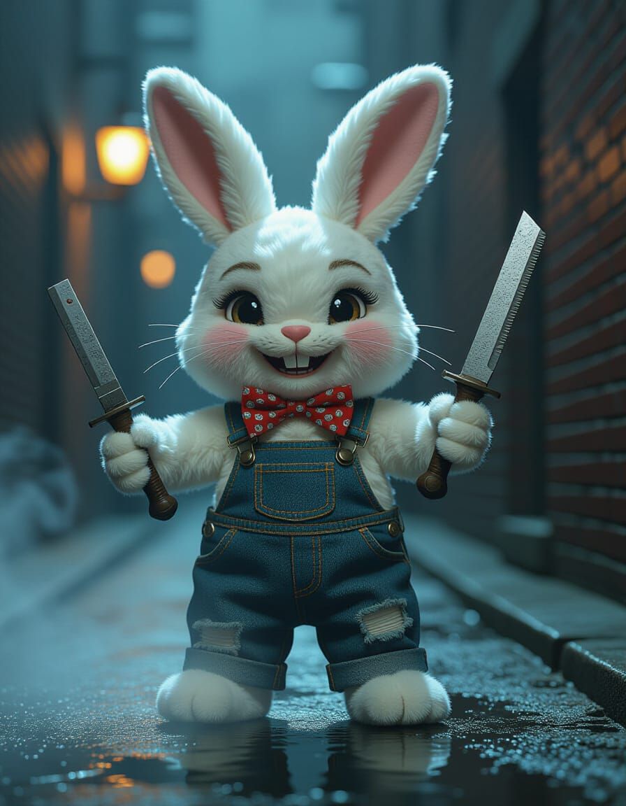 Sinister Plush Rabbit with Razor in Dark Alley
