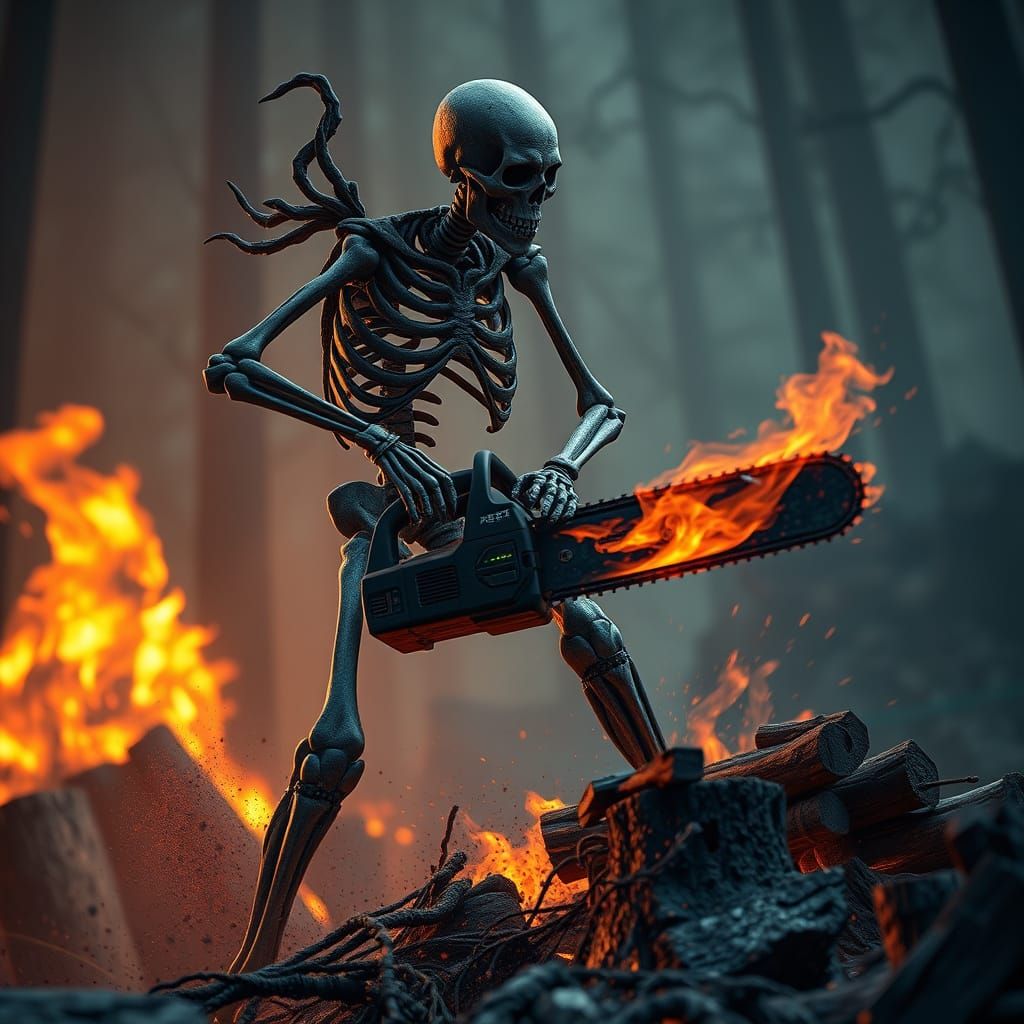 Skeleton Chopping Wood with Chainsaw in Epic Fantasy Art Sty...