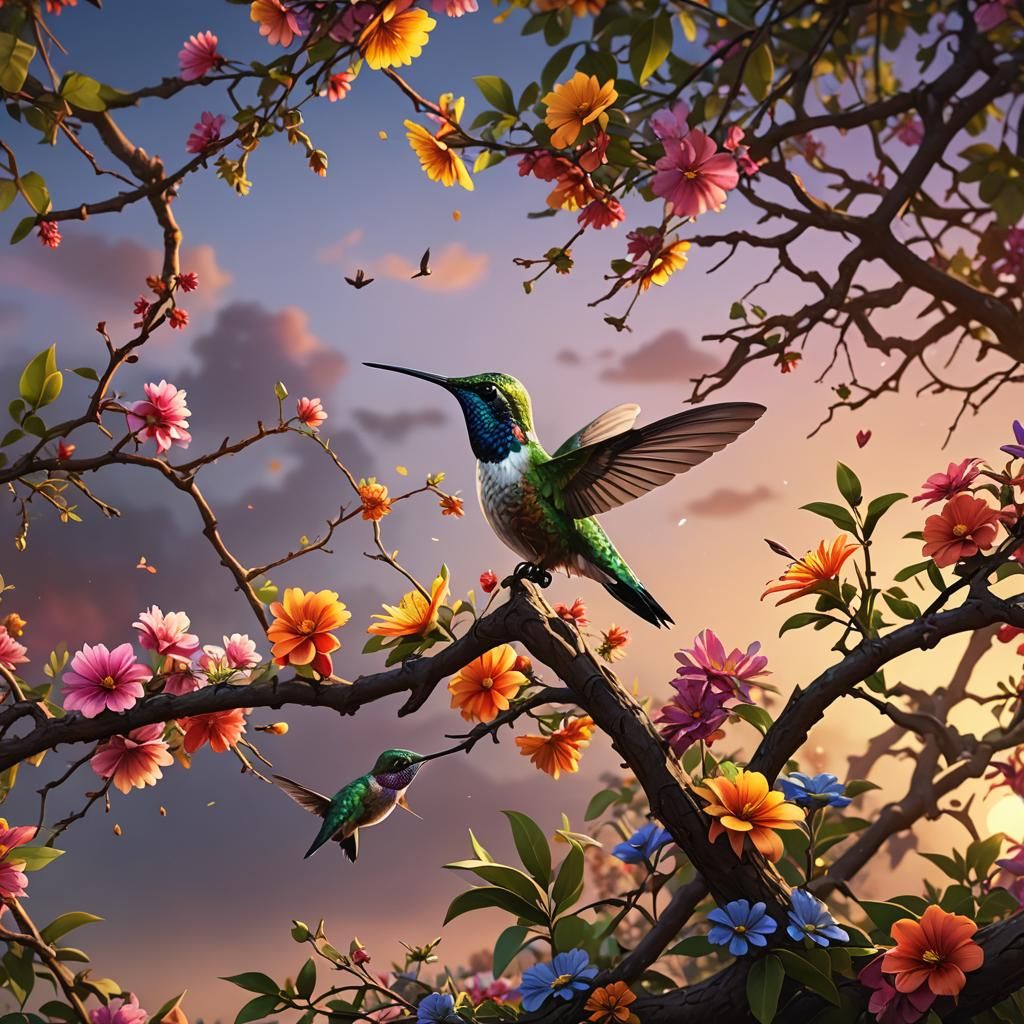 Floral Hummingbird on Branch at Sunset