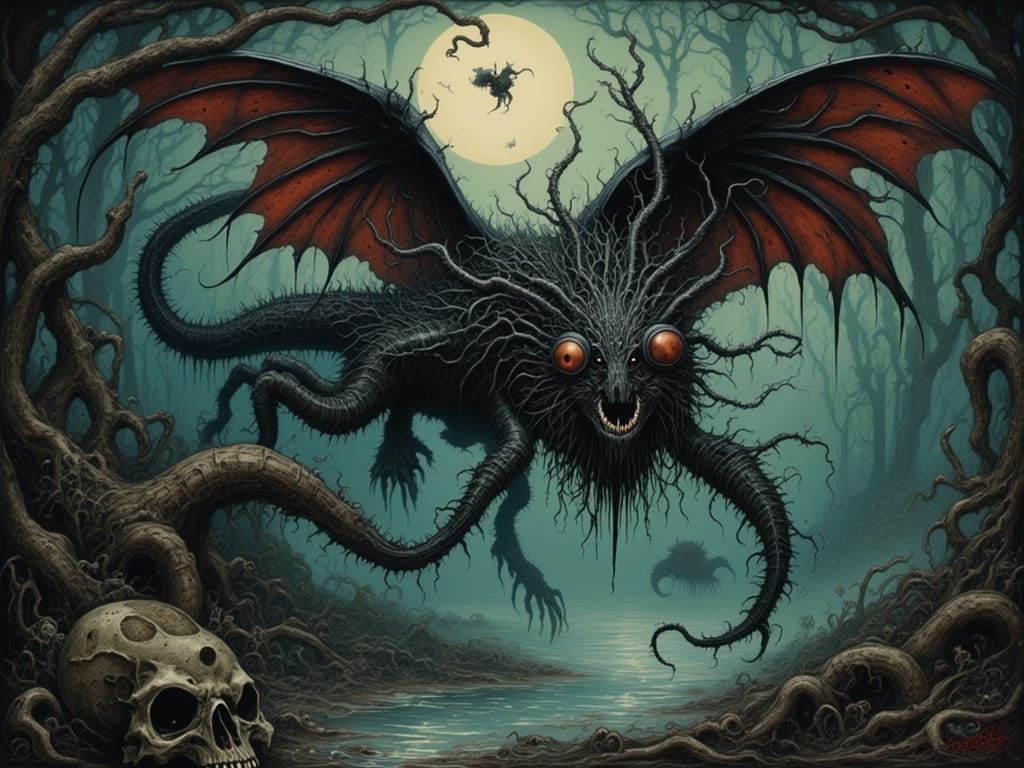 Snallygaster and Jabberwocky in Dark Fantasy Forest