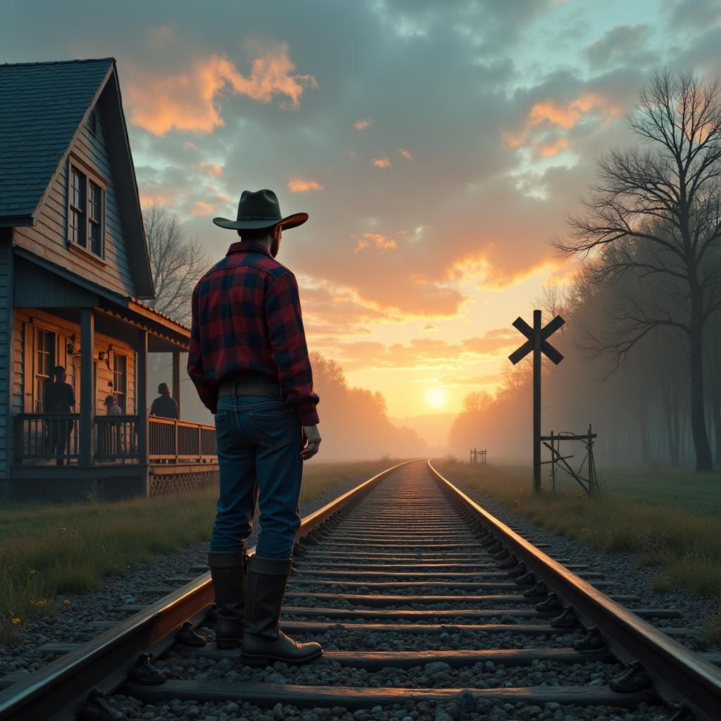 Texas Lumberjack's Dawn Farewell: Evocative Digital Art