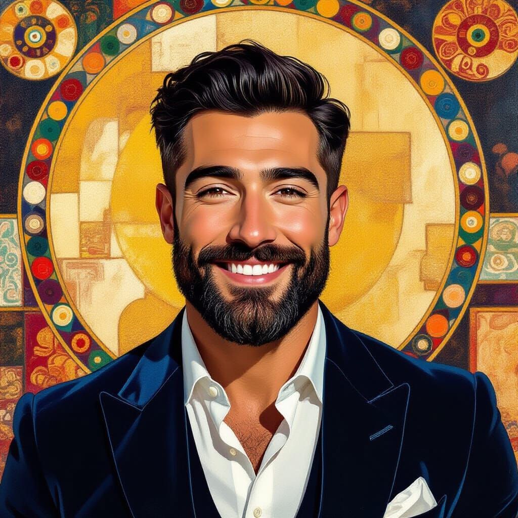 Bearded Man in Blue Velvet Suit, Klimt-Inspired Portrait