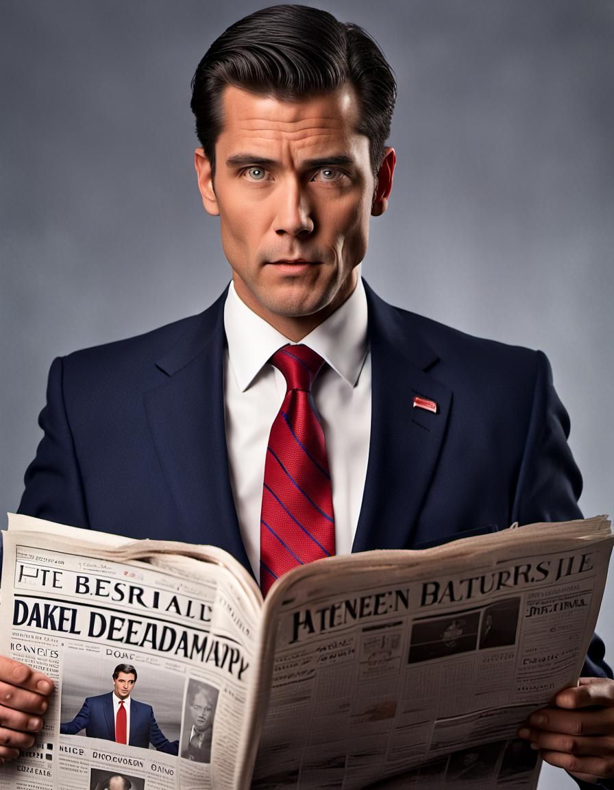 Executive Man in Suit Holding Newspaper, Hyperrealistic