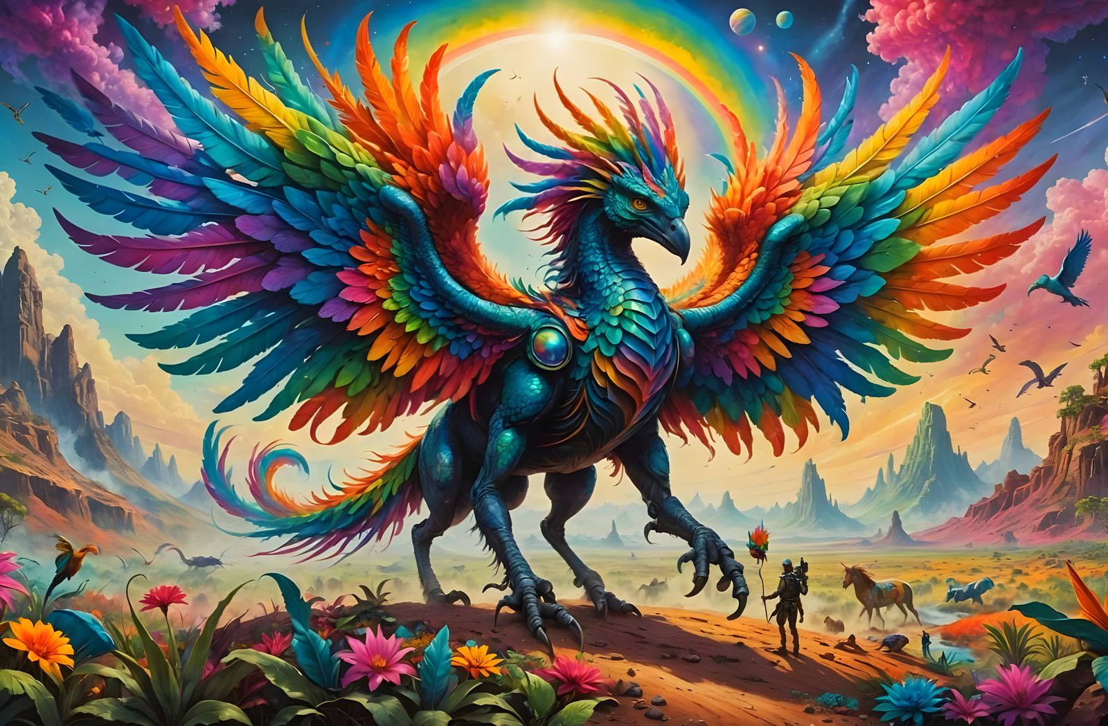 Alien Pegasus With Rainbow Feathers on Vivid Jungle Planet