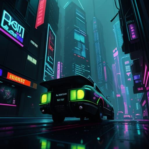 Cyberpunk Cityscape with Flying Vehicles and Neon Lights