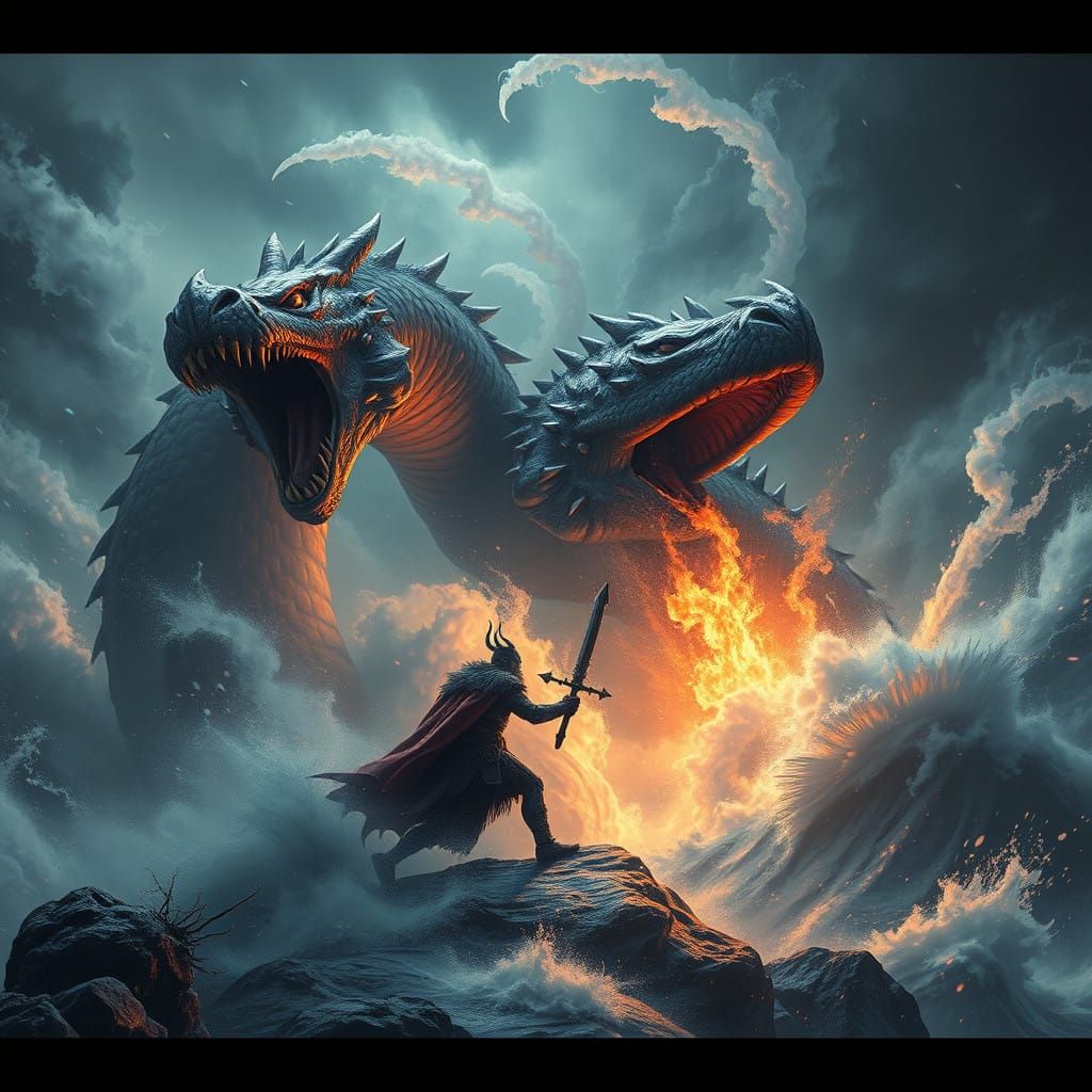 Viking Warrior Battles Giant Serpent in Nordic Storm
