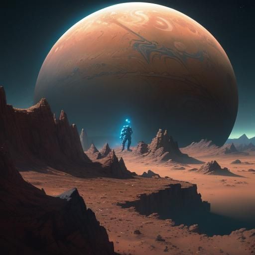 Astronaut on Mars Gazing at Jupiter in Space