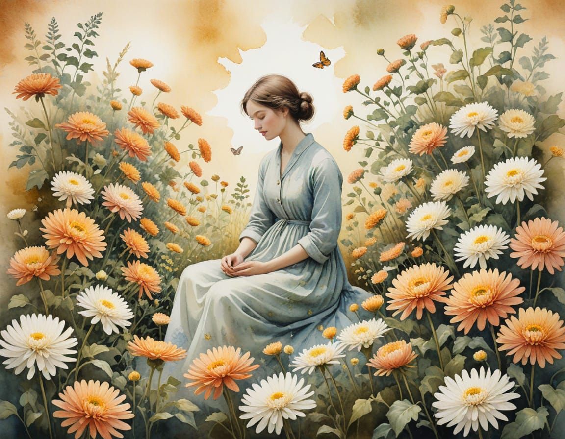 Serene Figure Surrounded by Vibrant Chrysanthemums in Whimsi...
