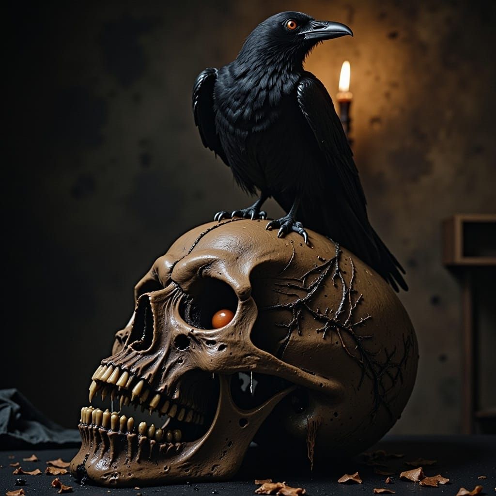 Raven on Skull in Dark Gothic Style