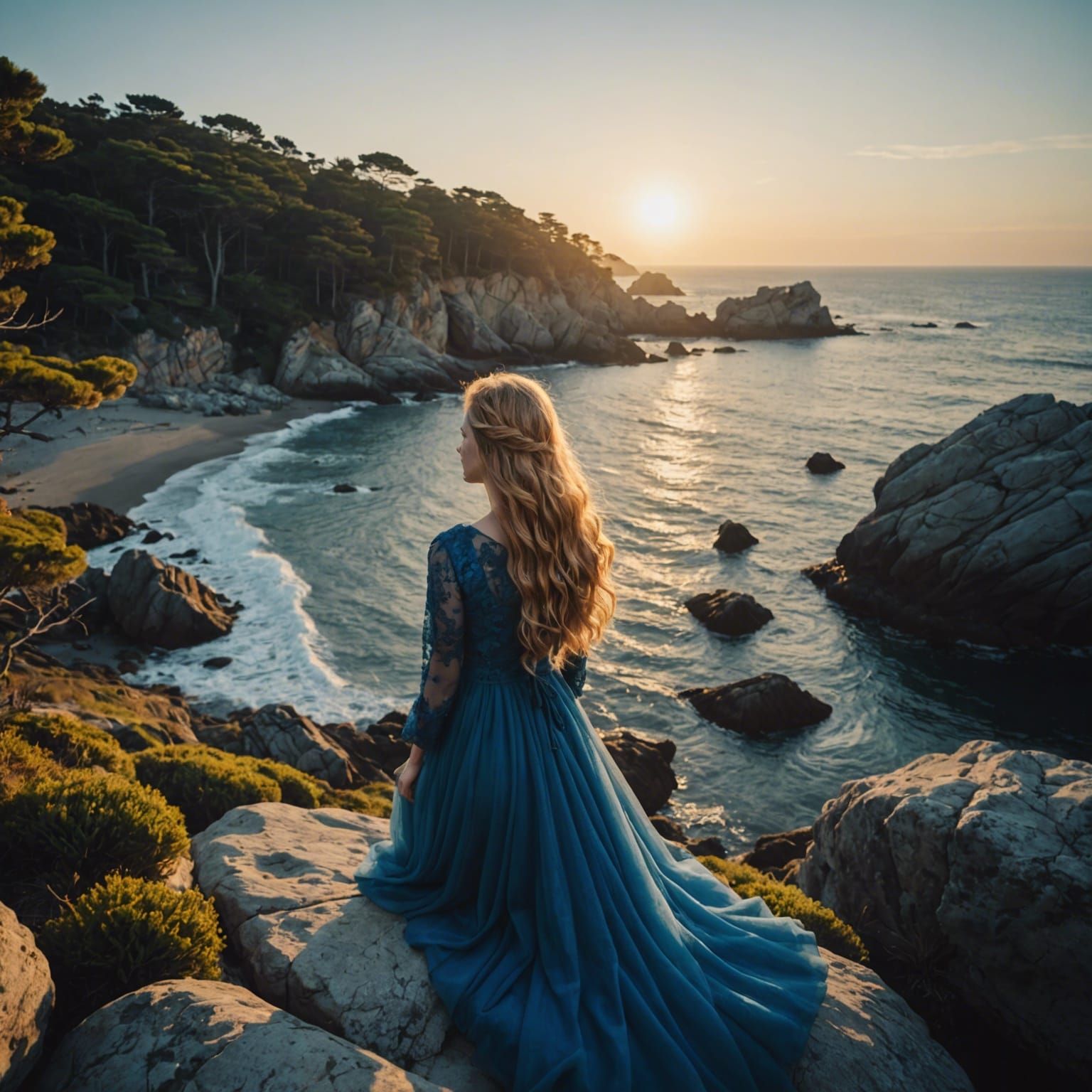 Golden Haired Woman Watches Sunrise on Rocky Coast