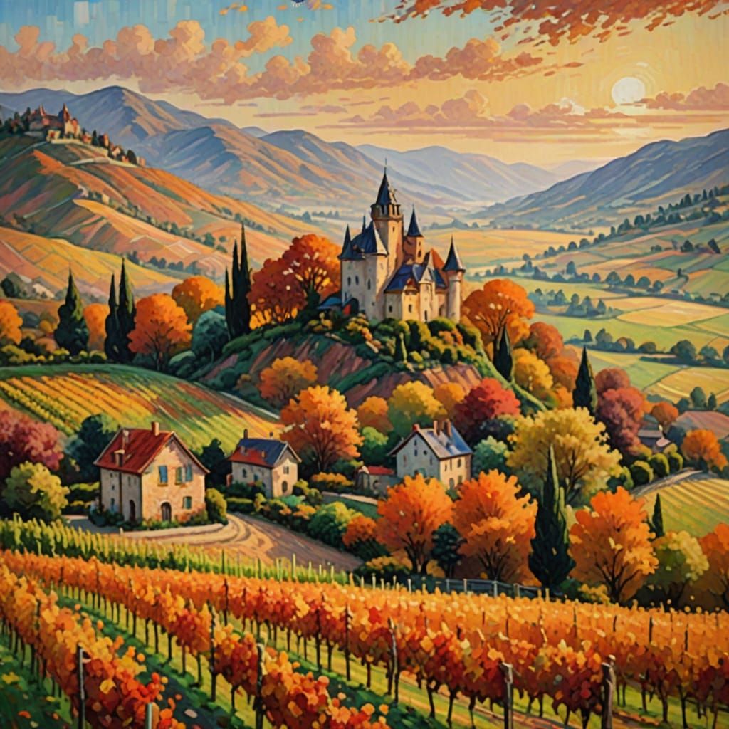 Idyllic Autumn Vineyard Landscape in Impressionist Style
