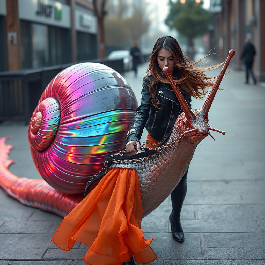 Woman Leads Giant Snail in Ash Thorp Style