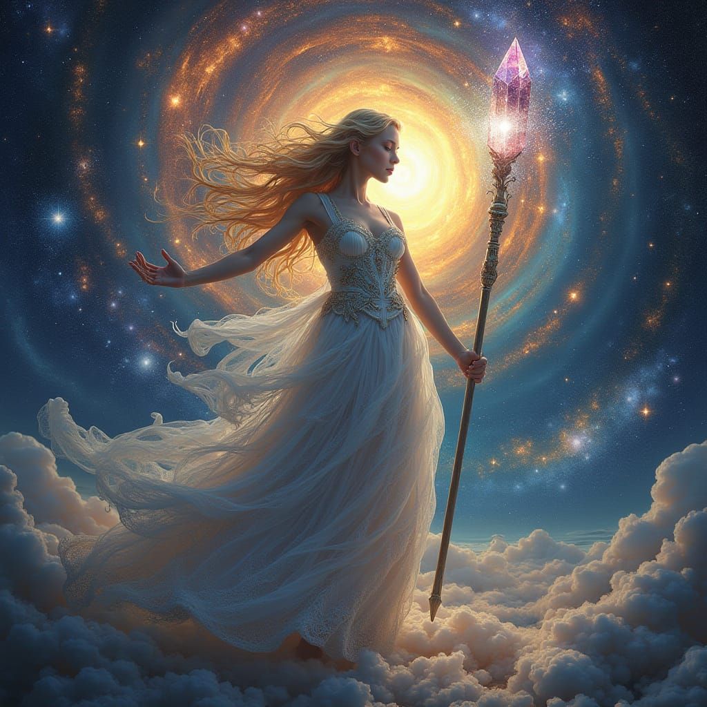 Ethereal Goddess in Swirling Galaxy: Art Nouveau Style