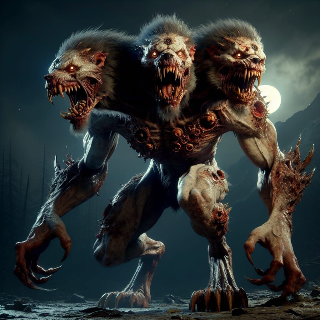 Menacing Three-Headed Werewolf Fantasy Concept Art