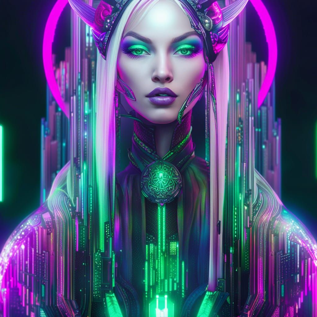 Enigmatic Net-Sorceress Vega in Cyberpunk Style