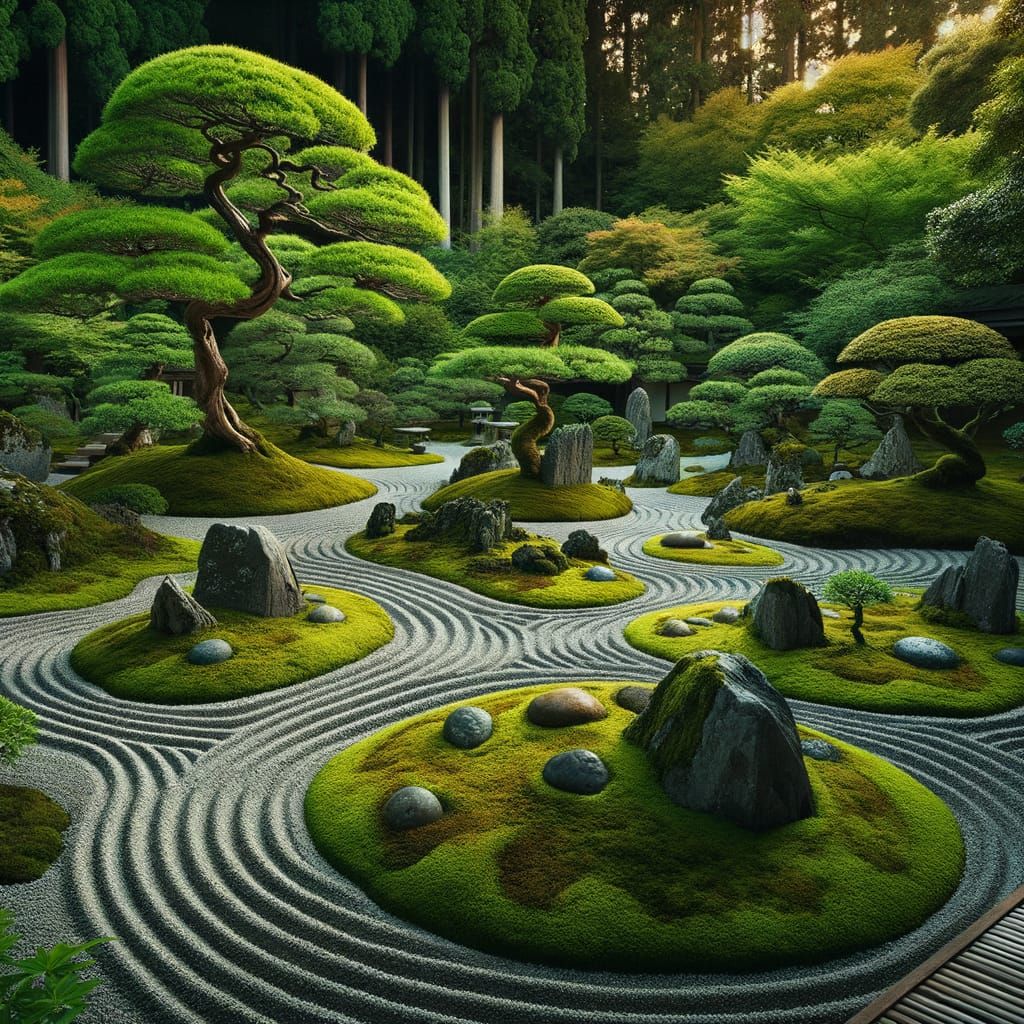 Tranquil Zen Garden with Raked Gravel and Bonsai
