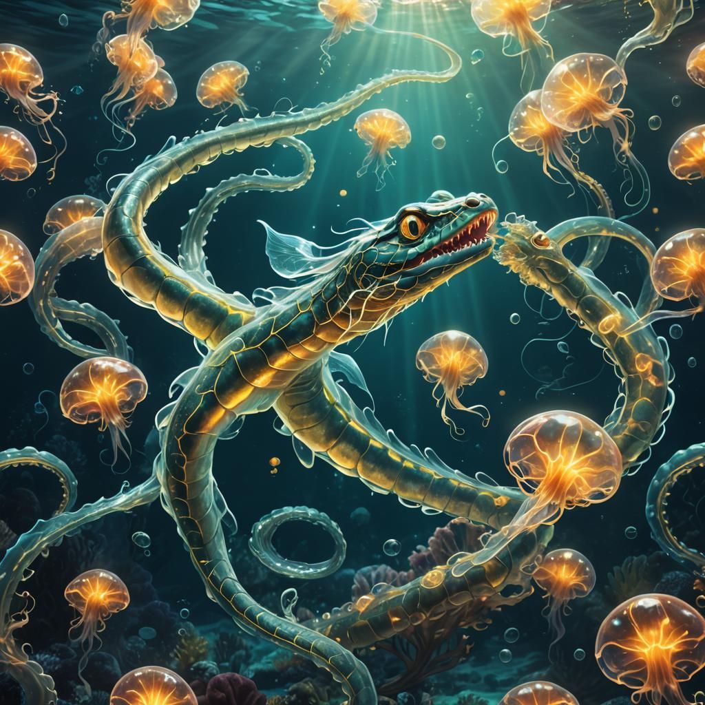 Underwater view of a fantastical glowing transparent glass d...