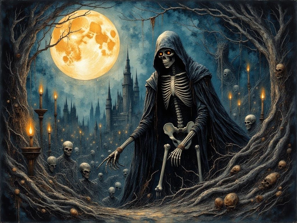 Skeleton Figure in Moonlit Graveyard, Gothic Castle