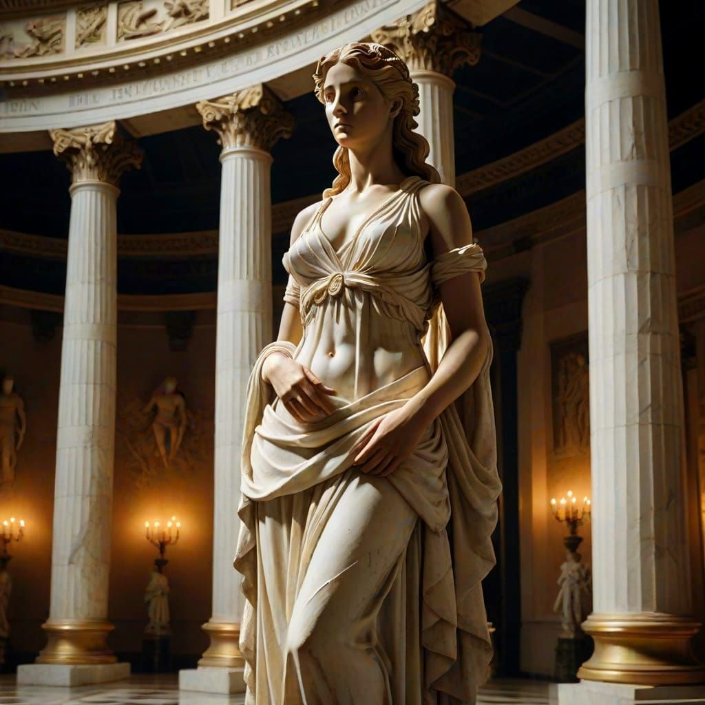 Vibrant Goddess of Love in Cinematic Museum Setting