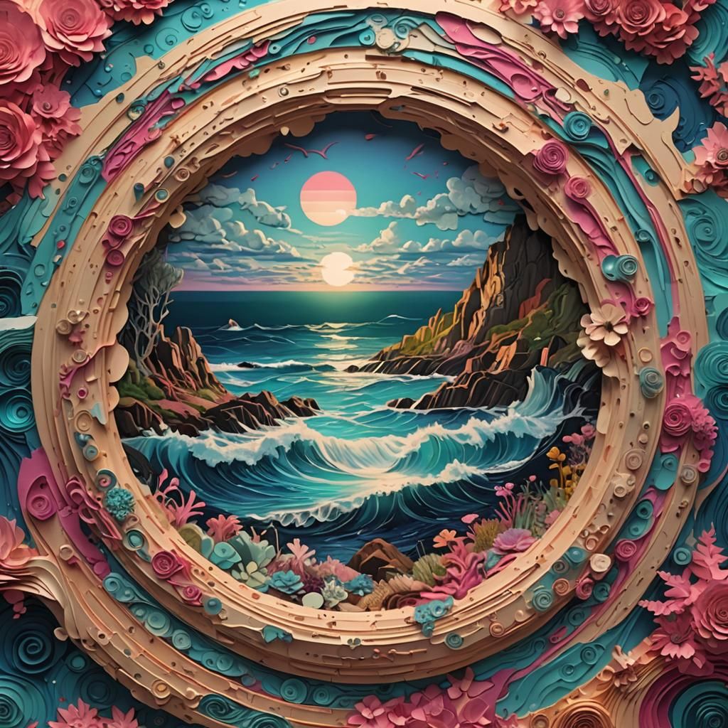 Ocean Scene with Synthwave Folk Art Elements