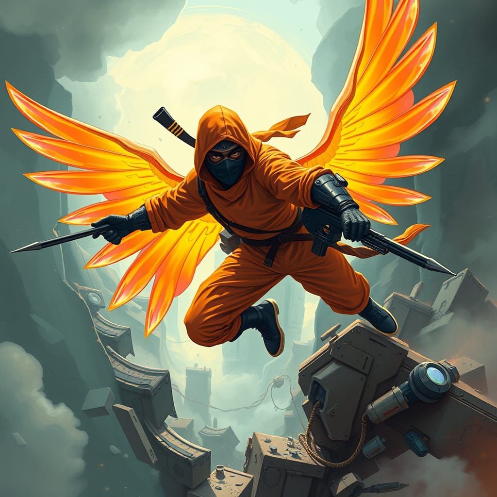 Flying Ninja with Iridescent Wings in Cyberpunk Style