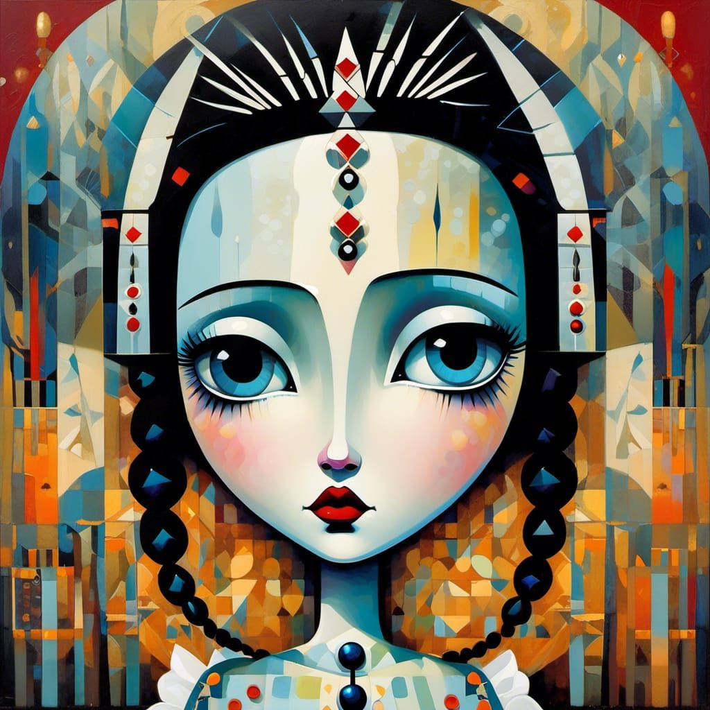 Dystopian Broken Doll in Oils with Geometric Grunge