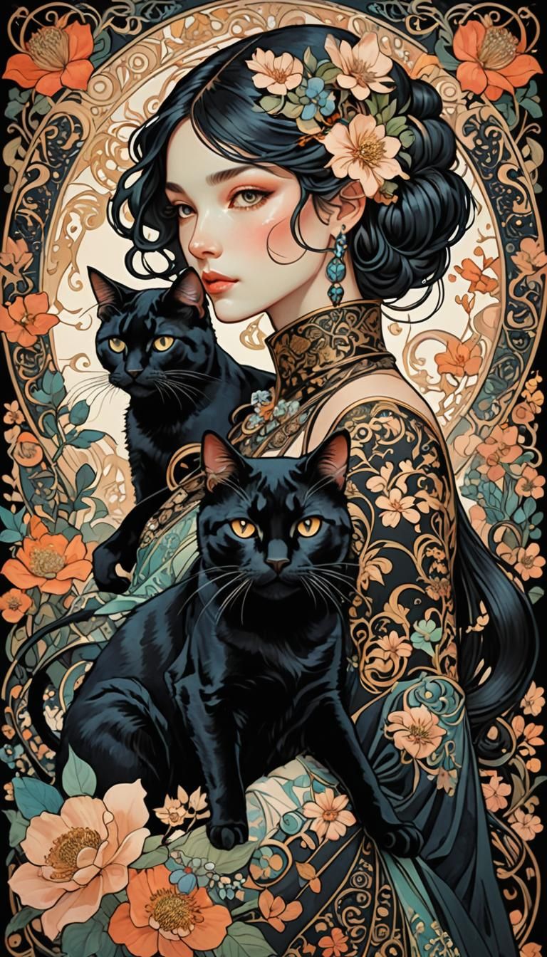 Girl with Cat in Art Nouveau Style