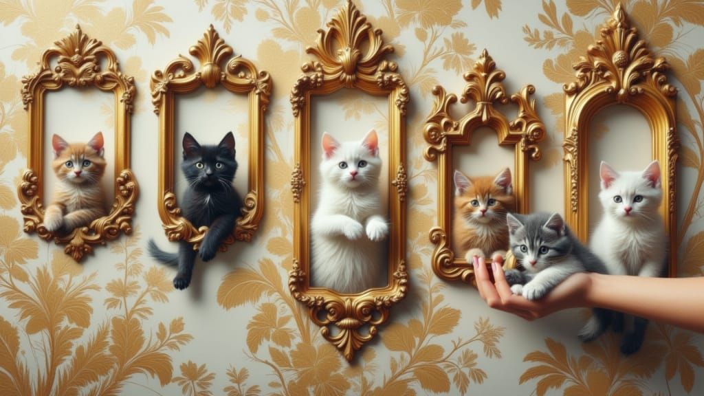 Impasto Paintings of Kitten Portraits in Antique European Fr...