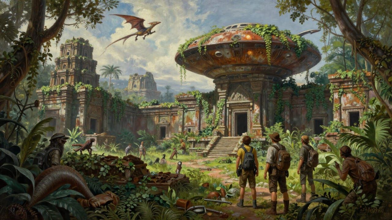Ancient Jungle Ruins Reveal Flying Saucer in Oil Painting
