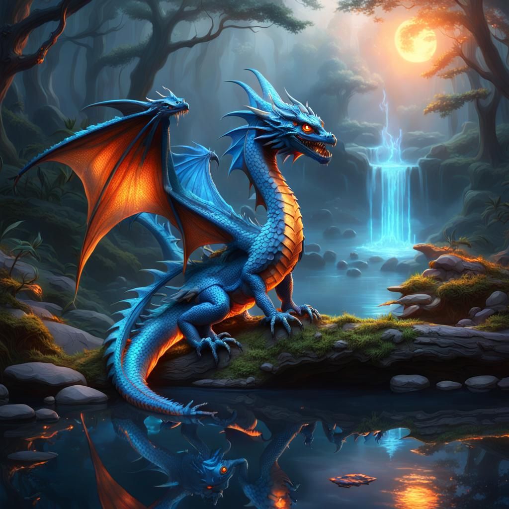 Blue Dragon in Mystical Forest: 3D Digital Art